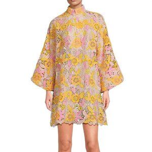 LaVie Style House Pink Yellow Floral Embroidered Lace Mini Caftan/Dress, o/s